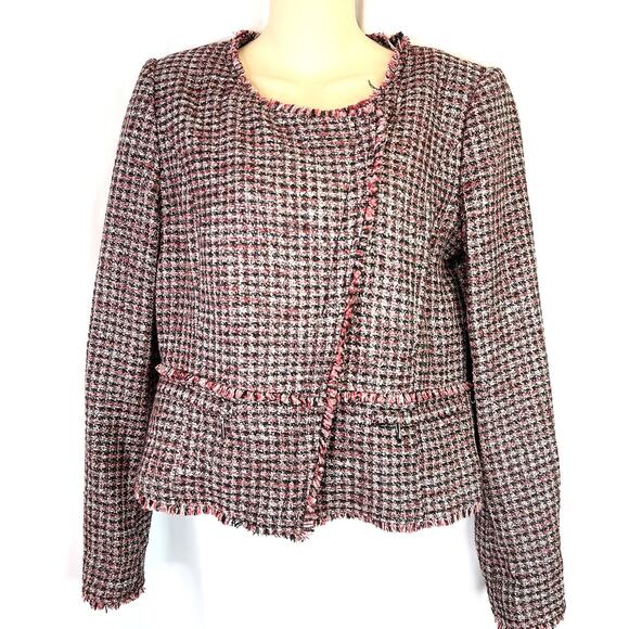 WHBM Red Black Tweed Fringe Moto Style Asymmetrical Zip Blazer Jacket Size 4 - Picture 1 of 16